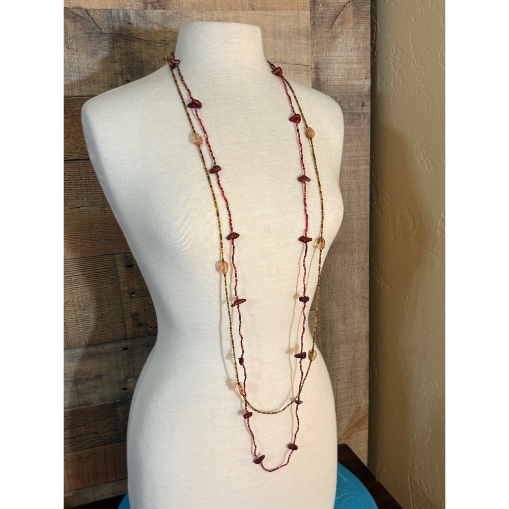 Bohemian Beaded Strand Necklace Set Red Amber Earth Tones 2 Piece
